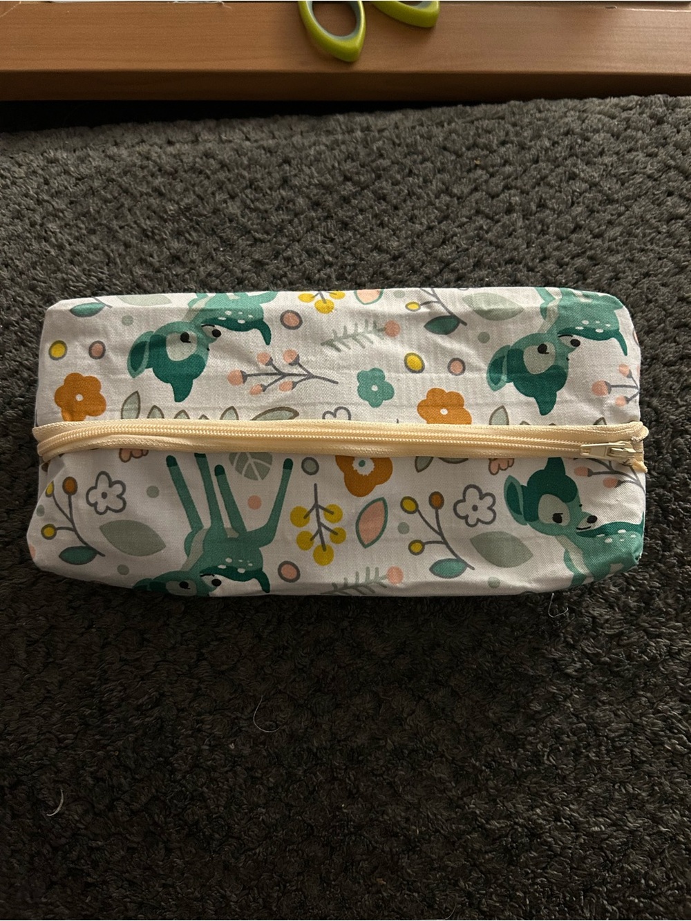 Hand Crafted Teal Deer & Floral Pencil Pouch with Cream Zipper